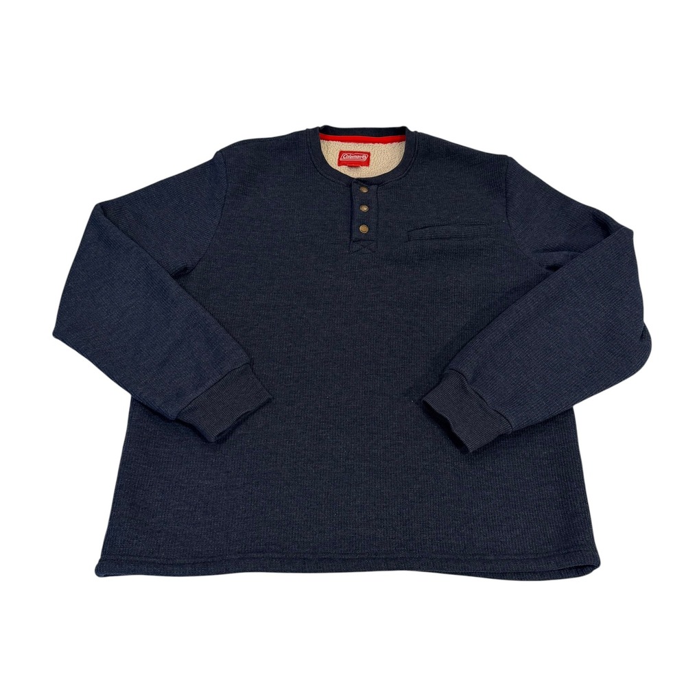 Coleman Mens Henley Waffle Knit Sherpa Lined Pullover Sweater Navy Blue Large‎